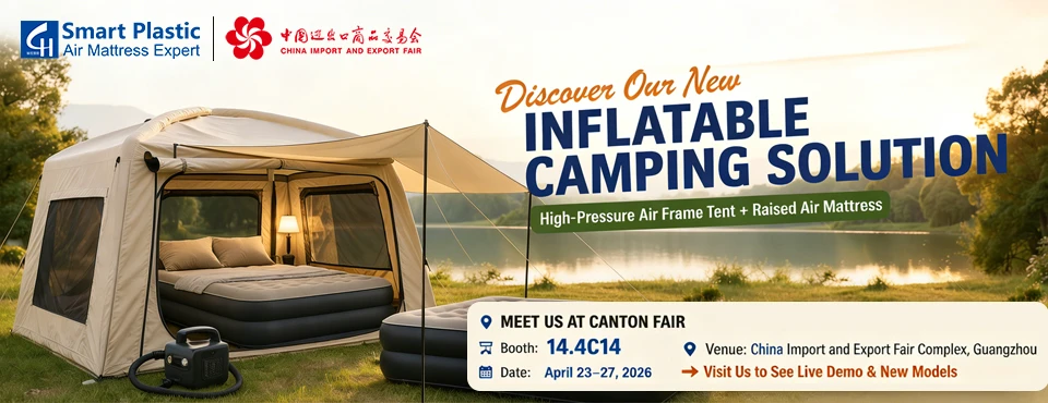 Smart Plastic exhibition booth displaying air mattress, inflatable tent, and air pump